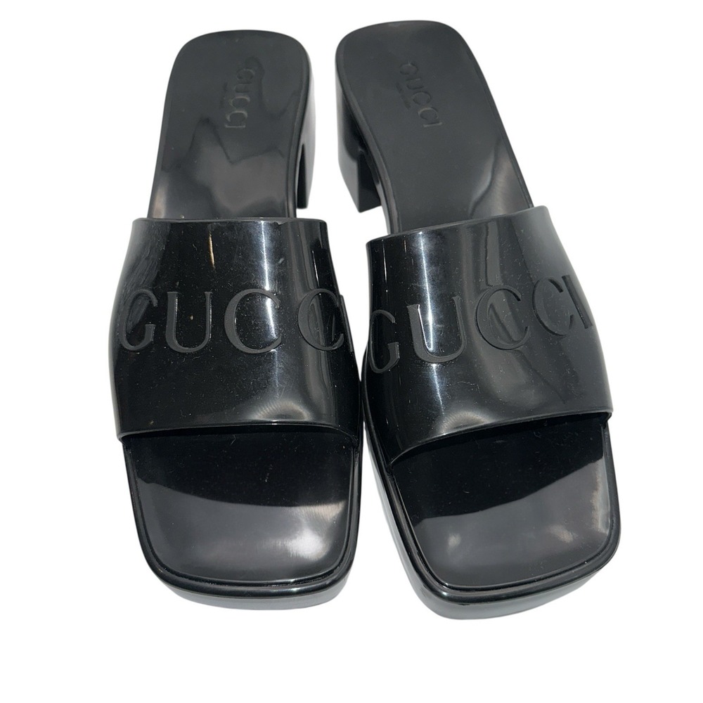 Gucci Black Jelly Slides Heeled Sandals Logo Platform Designer Shoes - Picture 3 of 10